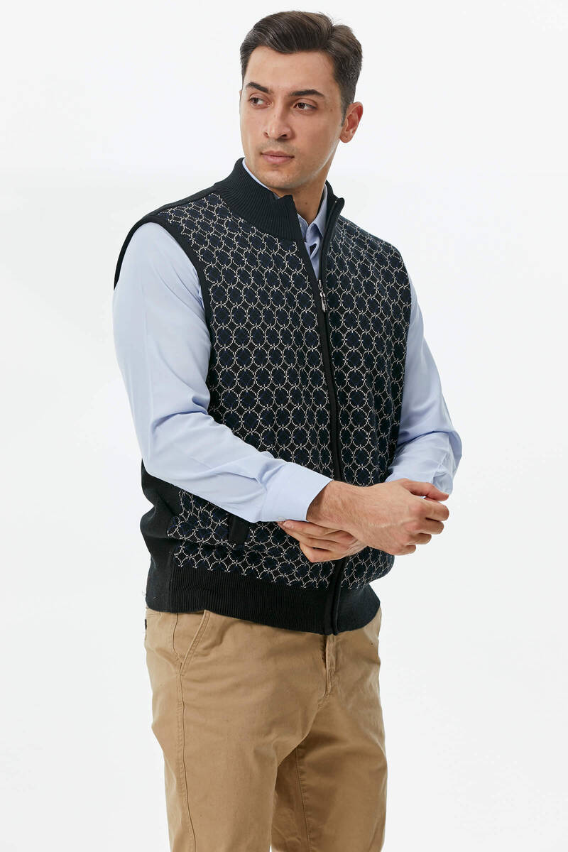 Erkek Dik Yaka Fermuarlı Cepli Triko Yelek - Siyah - Açık Gri (2) Sementa