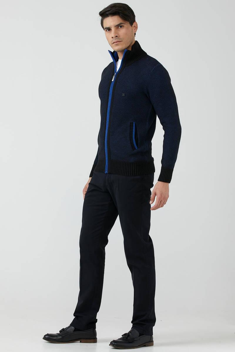 Erkek Dik Yaka Fermuarlı Triko Hırka - Siyah - Saks (2) Sementa