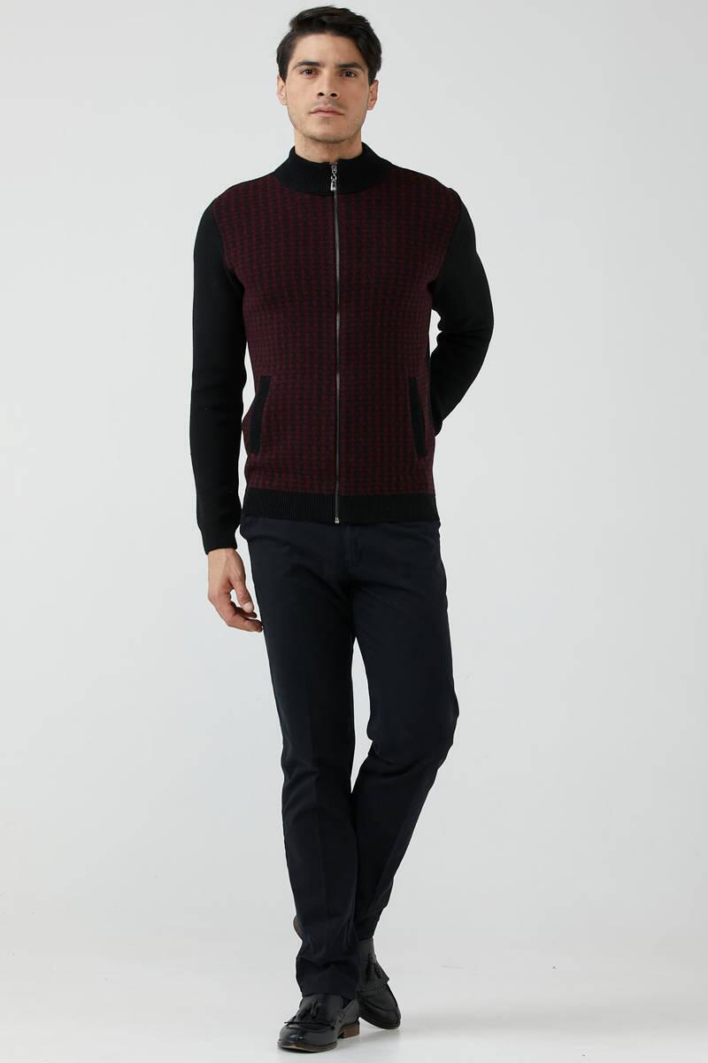 Erkek Fermuarlı Cepli Triko Ceket - Siyah - Bordo (1) Sementa