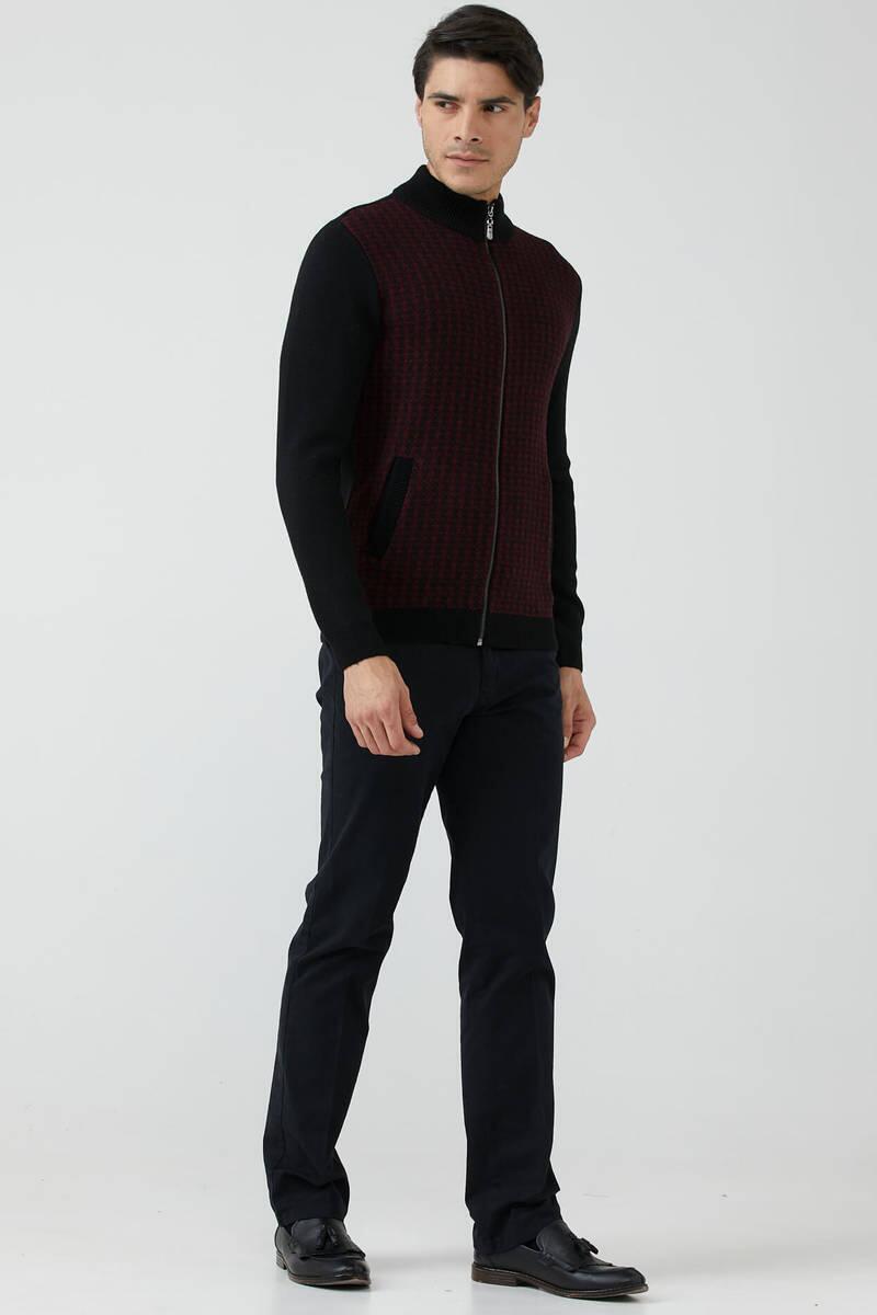 Erkek Fermuarlı Cepli Triko Ceket - Siyah - Bordo (2) Sementa