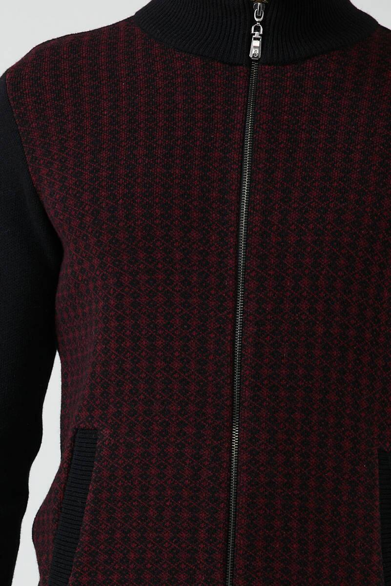 Erkek Fermuarlı Cepli Triko Ceket - Siyah - Bordo (3) Sementa