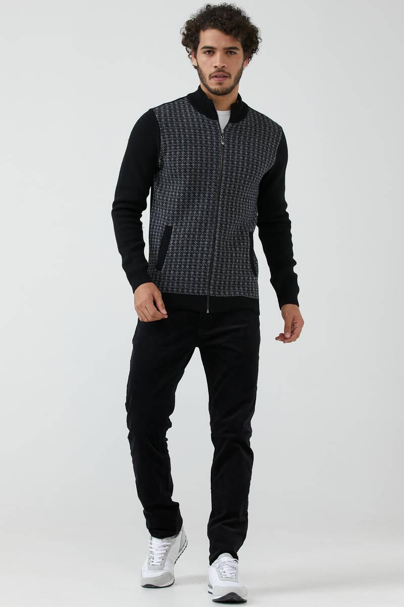 Erkek Fermuarlı Cepli Triko Ceket - Siyah - Gri (2) Sementa