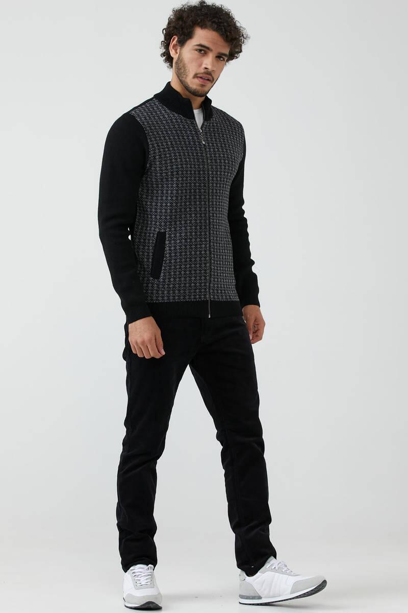 Erkek Fermuarlı Cepli Triko Ceket - Siyah - Gri (3) Sementa