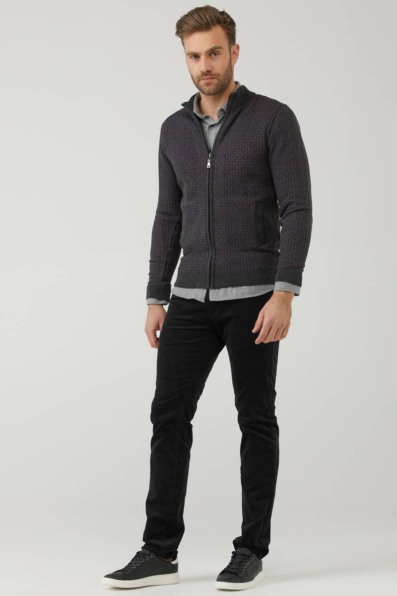 Erkek Fermuarlı Cepli Triko Hırka - Antrasit - Mor (1) Sementa