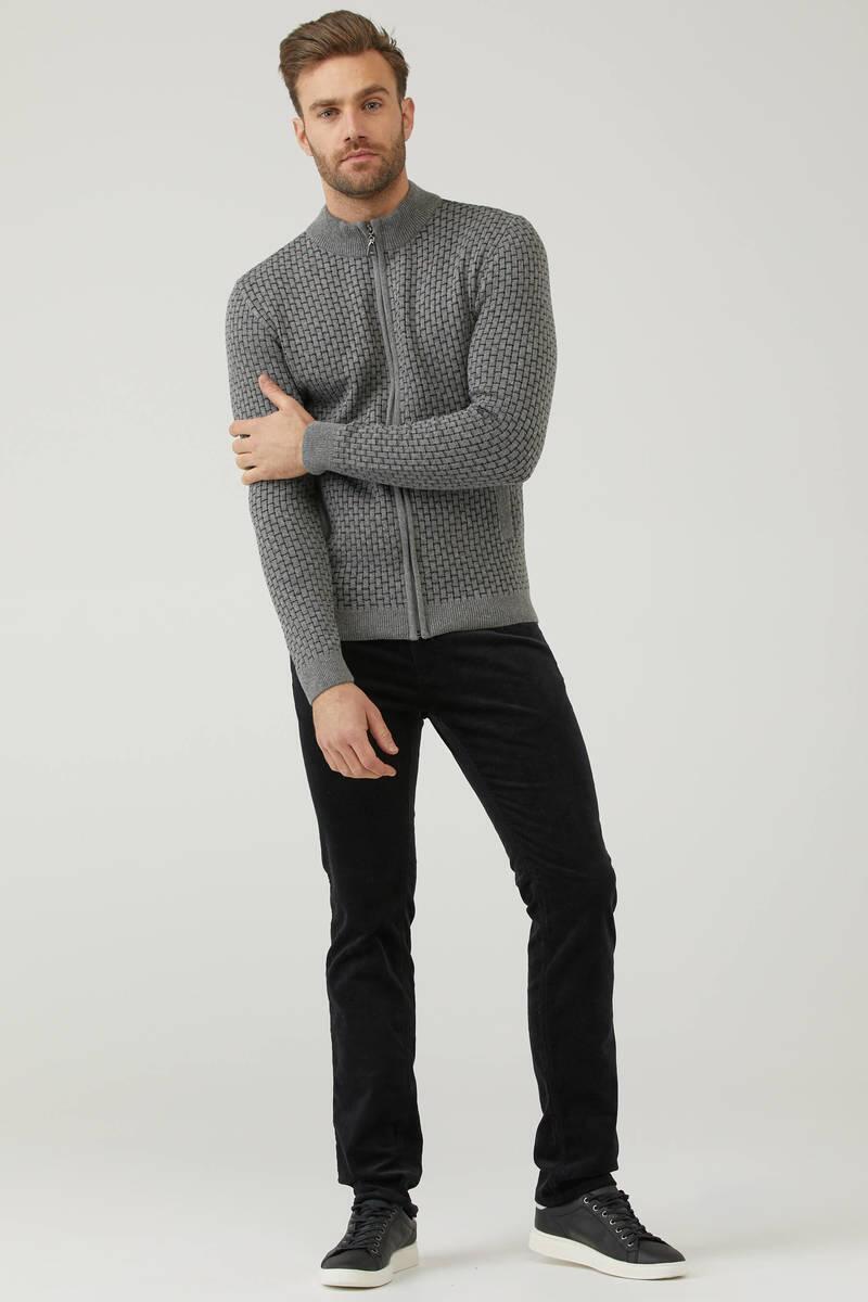 Erkek Fermuarlı Cepli Triko Hırka - Gri - Siyah (2) Sementa