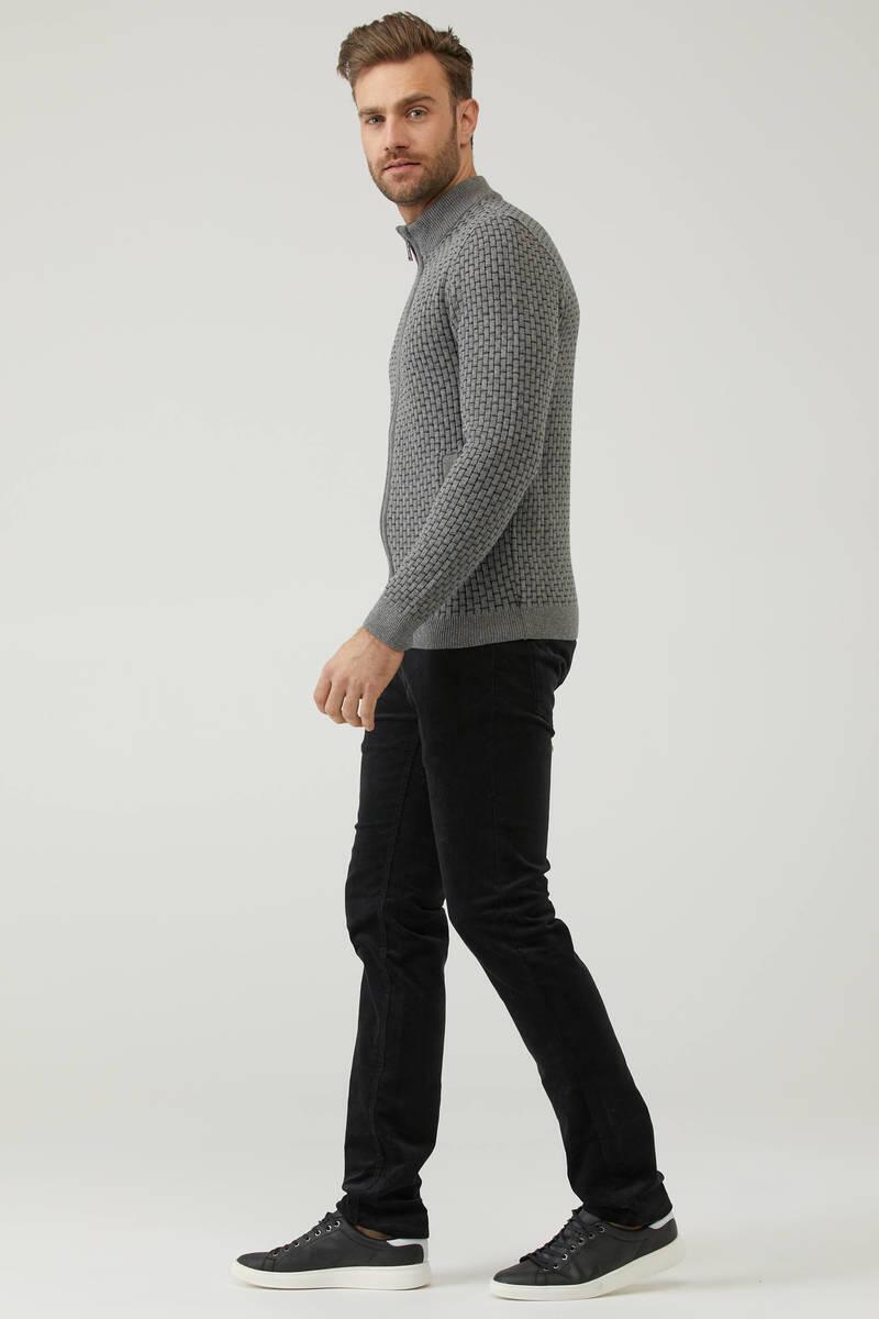 Erkek Fermuarlı Cepli Triko Hırka - Gri - Siyah (3) Sementa