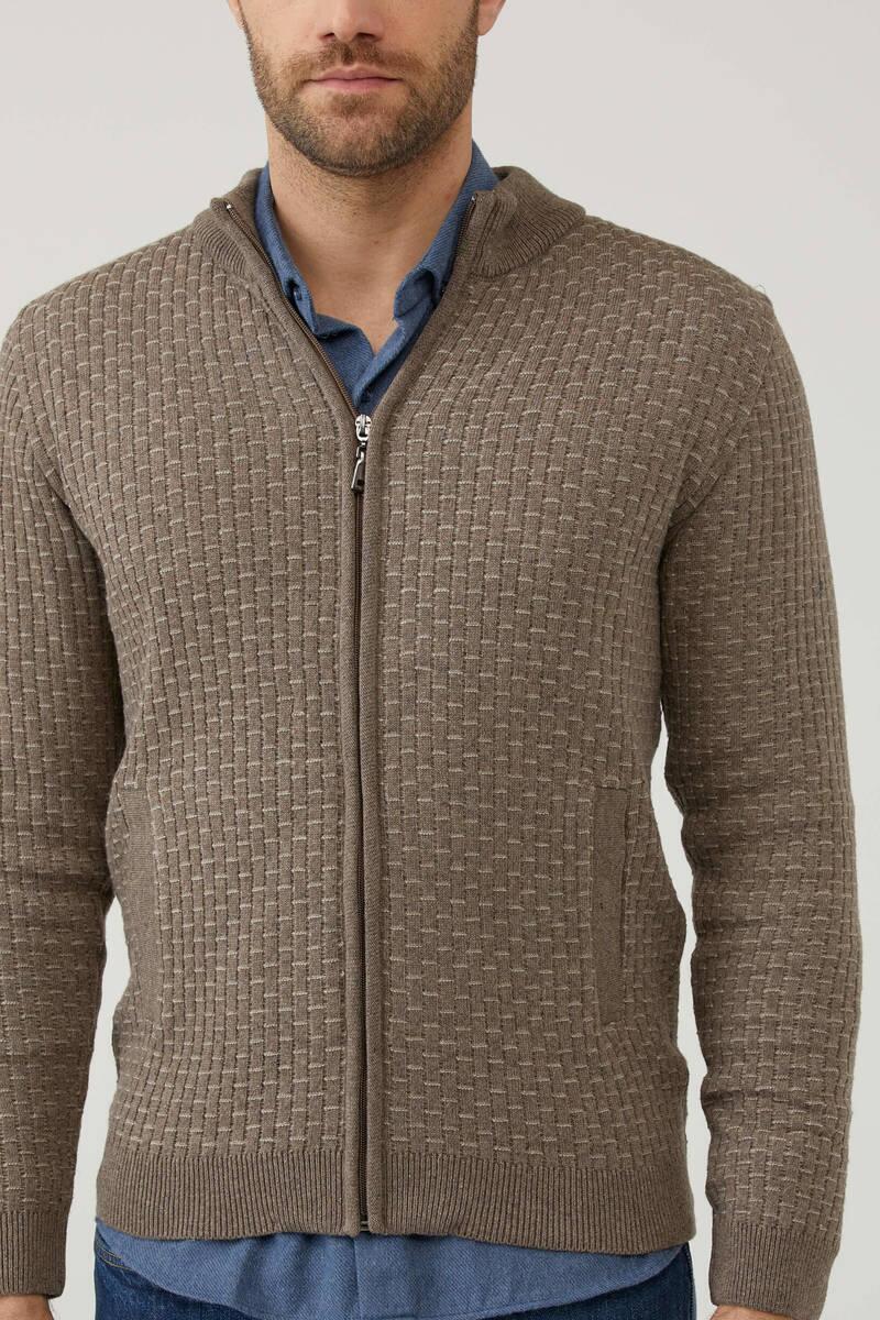 Erkek Fermuarlı Cepli Triko Hırka - Sütlü Kahve - Vizon (3) Sementa