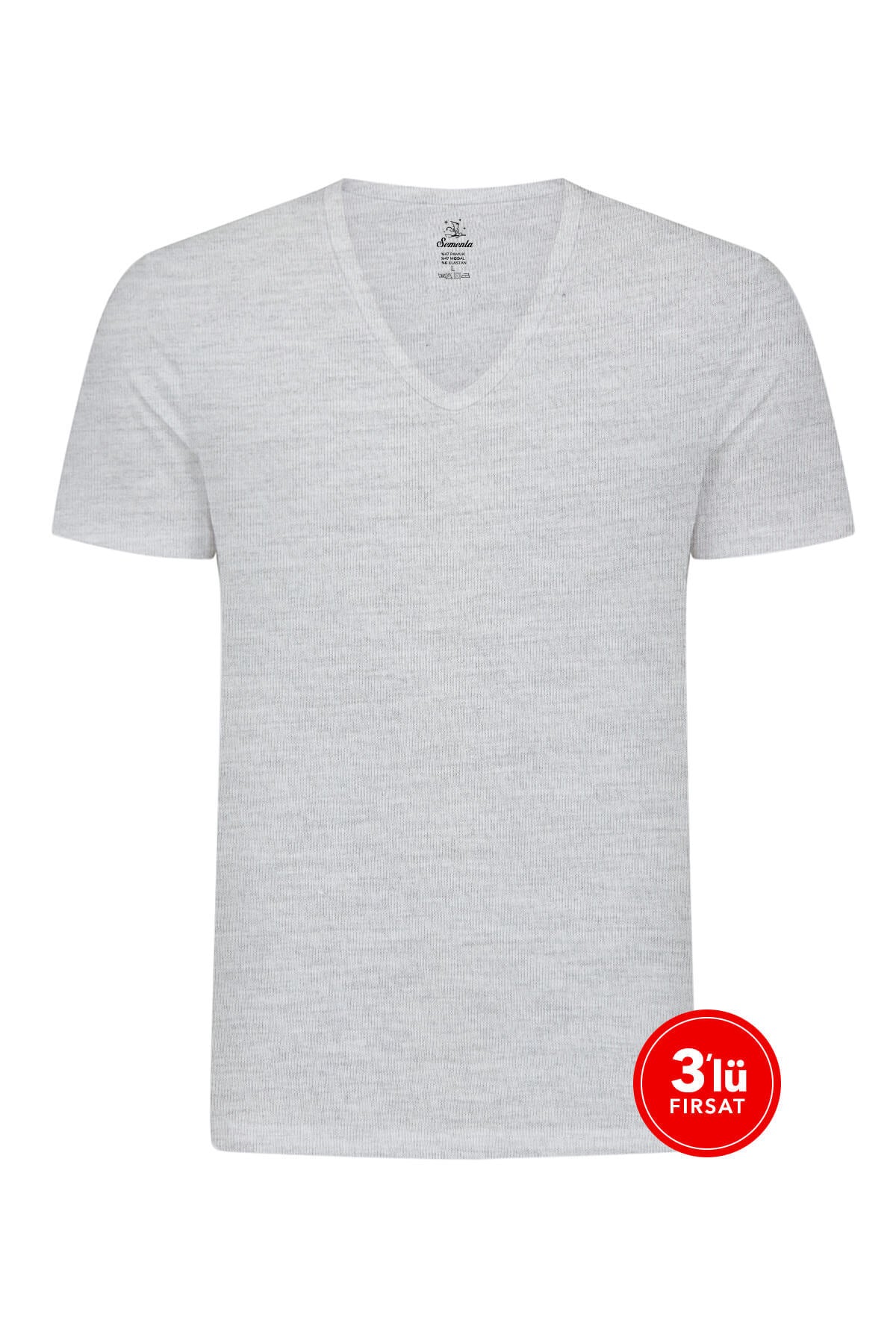 Erkek Modal Derin V Yaka Tshirt 3'lü Paket - Melanj (1) Sementa