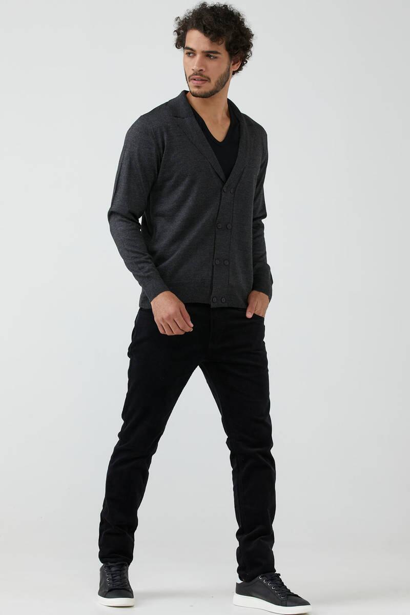 Erkek Şal Yaka Düğmeli Triko Hırka - Antrasit (2) Sementa