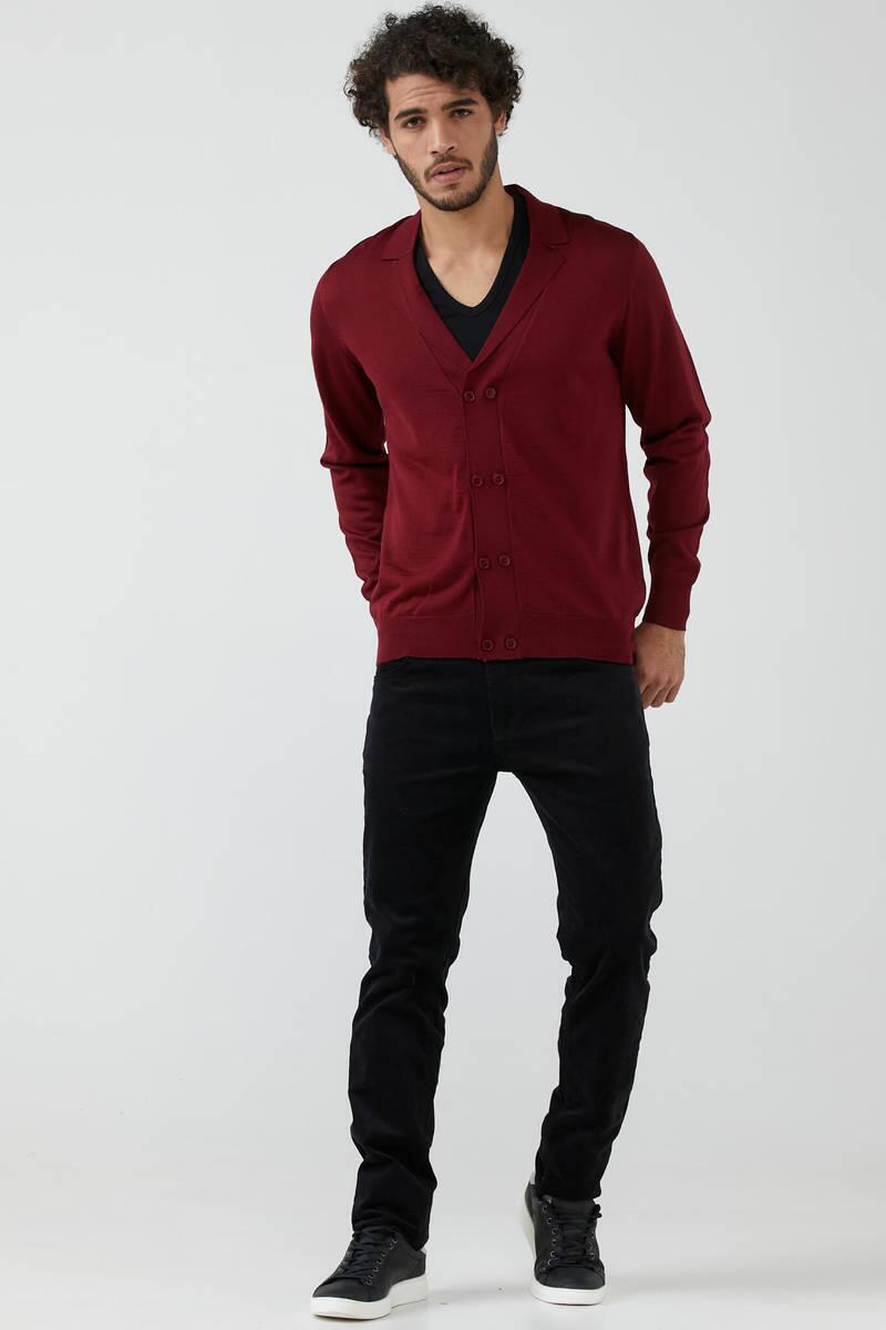 Erkek Şal Yaka Düğmeli Triko Hırka - Bordo (1) Sementa