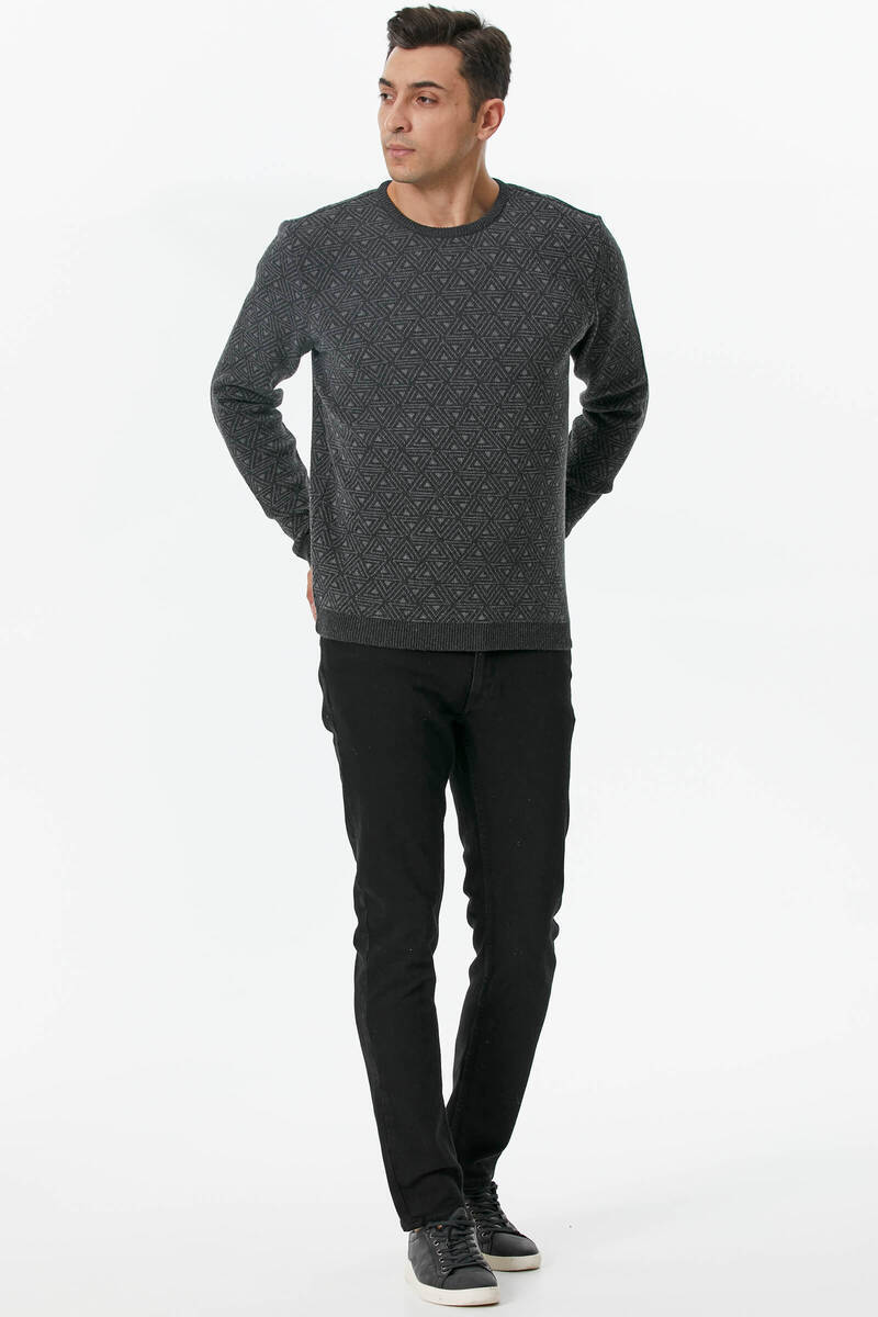 Erkek Sıfır Yaka Desenli Triko Kazak - Antrasit (2) Sementa