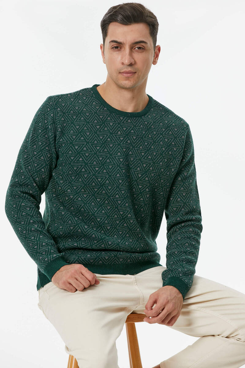 Erkek Sıfır Yaka Desenli Triko Kazak - Koyu Yeşil (1) Sementa