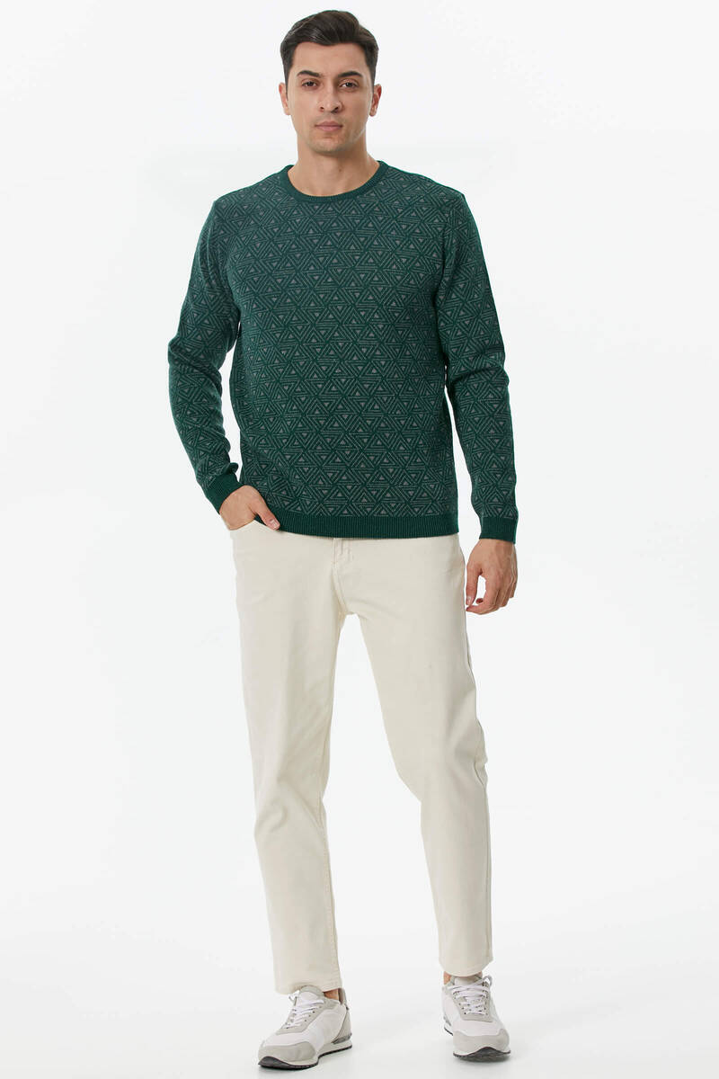Erkek Sıfır Yaka Desenli Triko Kazak - Koyu Yeşil (2) Sementa