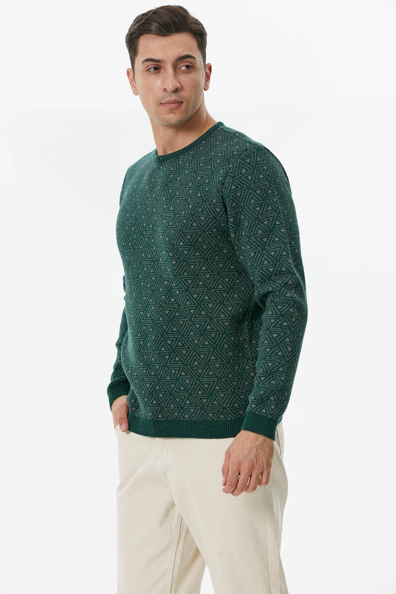 Erkek Sıfır Yaka Desenli Triko Kazak - Koyu Yeşil (3) Sementa