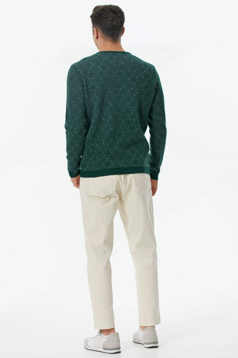 Erkek Sıfır Yaka Desenli Triko Kazak - Koyu Yeşil (4) Sementa