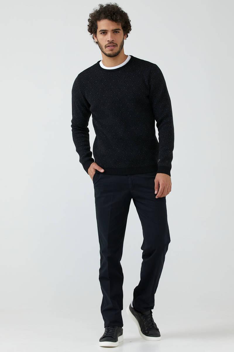 Erkek Sıfır Yaka Desenli Triko Kazak - Siyah (1) Sementa