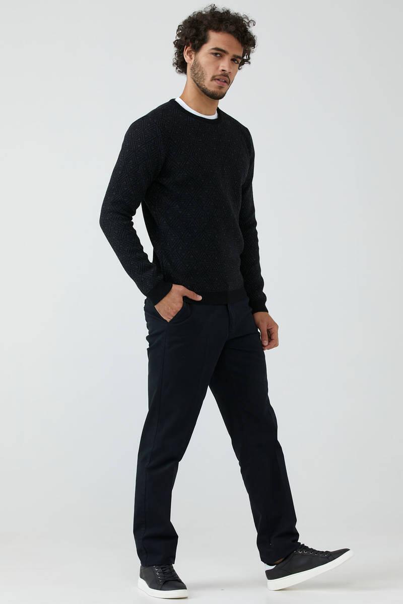 Erkek Sıfır Yaka Desenli Triko Kazak - Siyah (2) Sementa