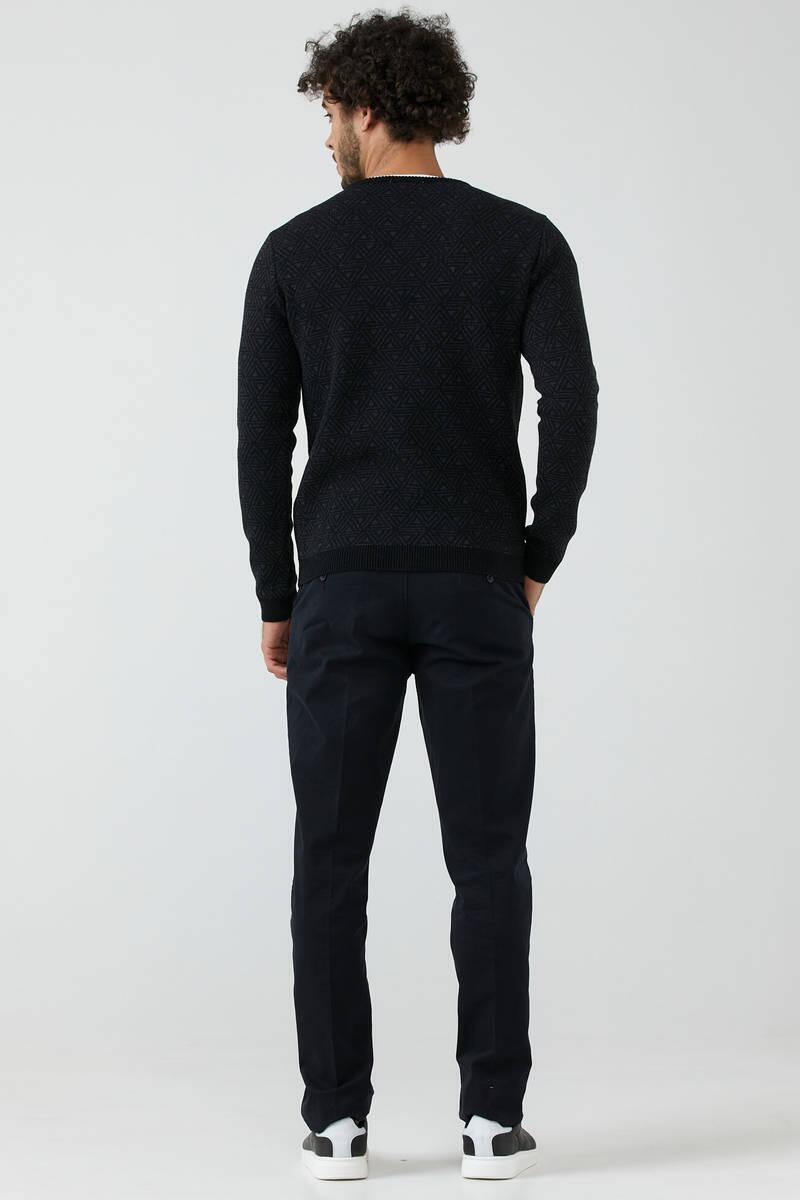 Erkek Sıfır Yaka Desenli Triko Kazak - Siyah (4) Sementa