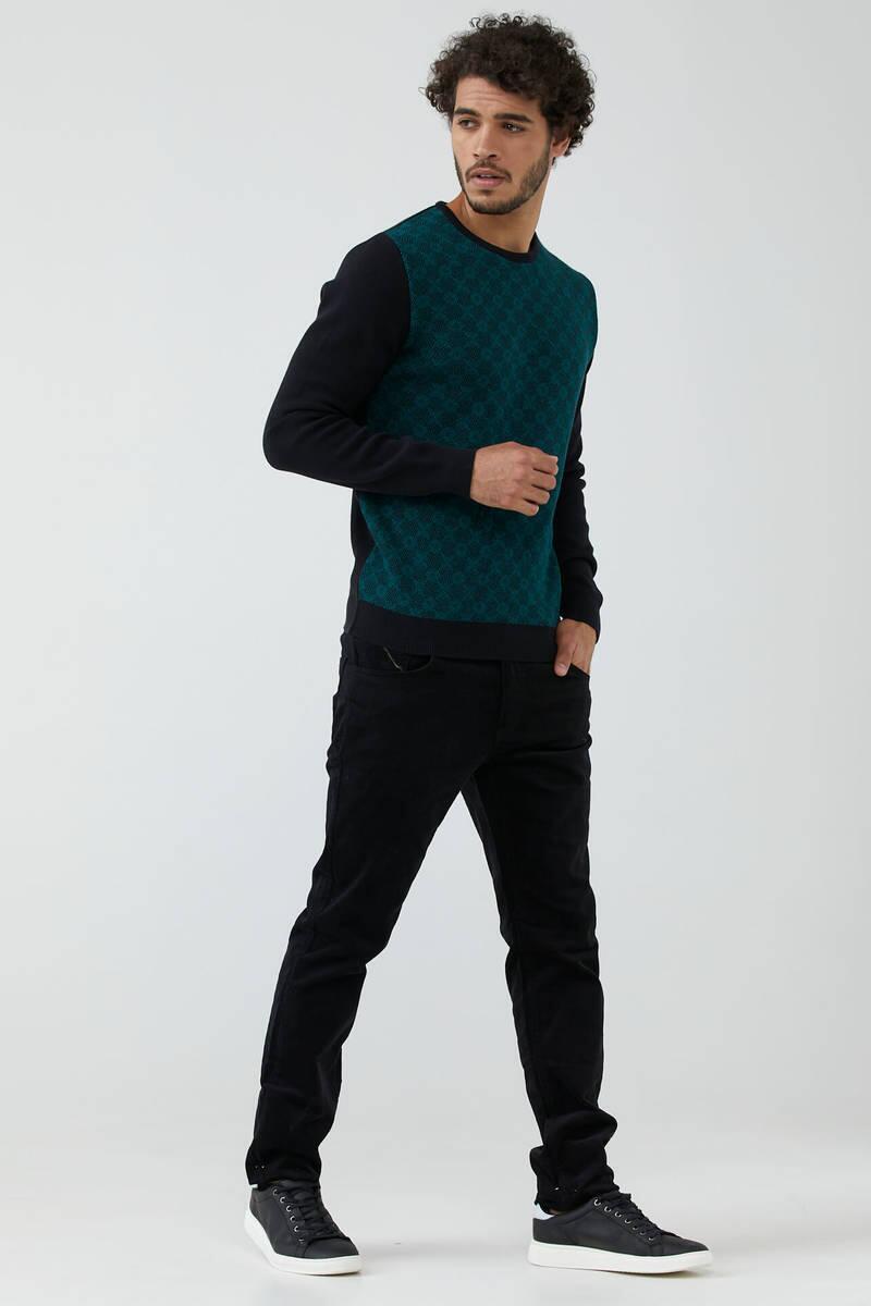 Erkek Sıfır Yaka Desenli Triko Kazak - Siyah - Yeşil (2) Sementa