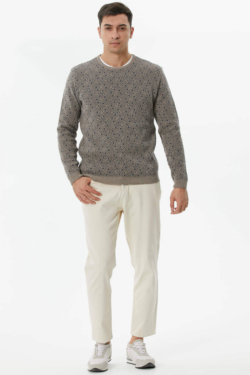 Erkek Sıfır Yaka Desenli Triko Kazak - Sütlü Kahve (3) Sementa