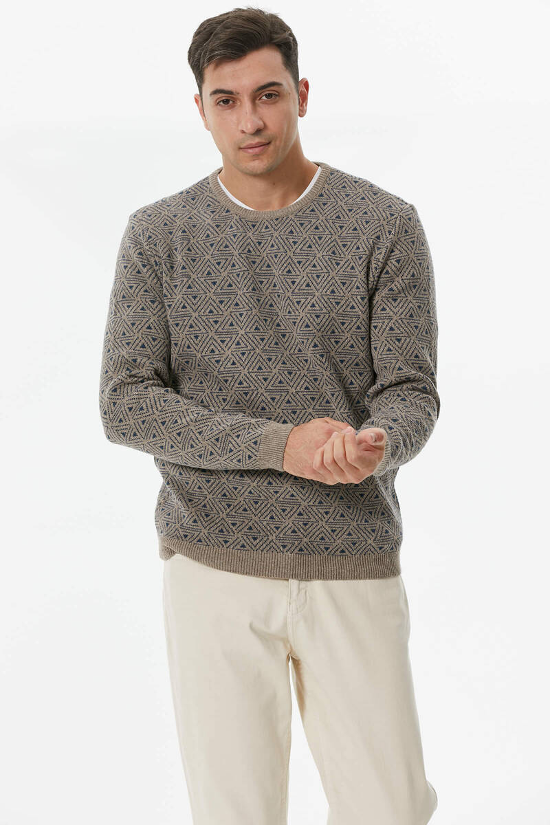 Erkek Sıfır Yaka Desenli Triko Kazak - Sütlü Kahve (4) Sementa