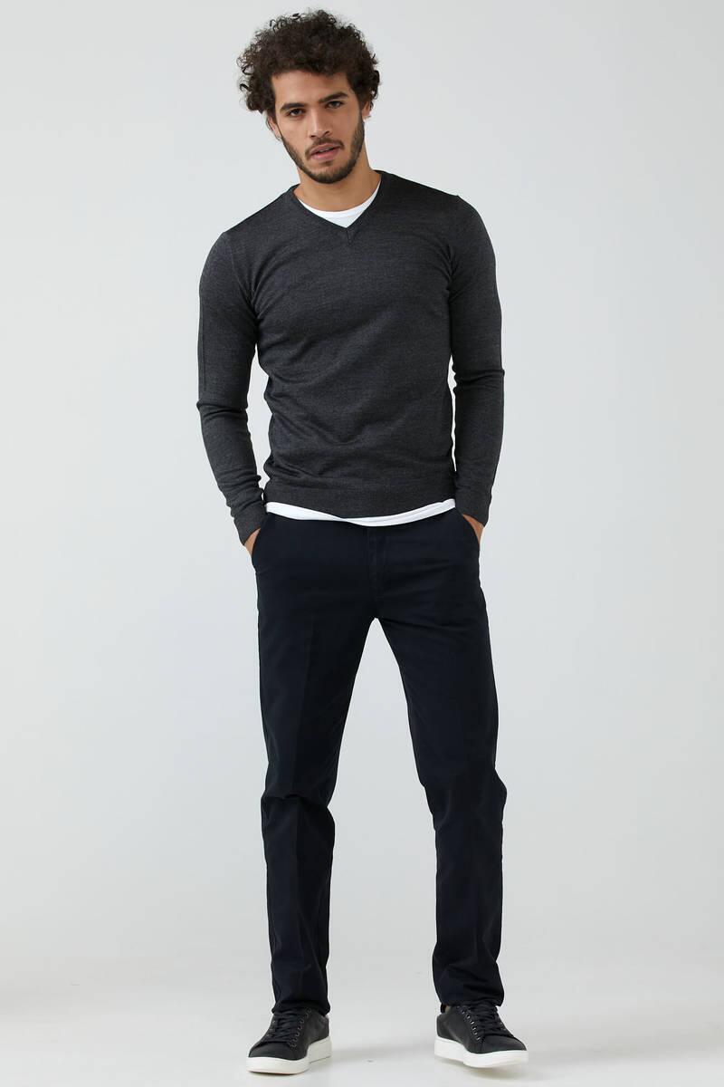 Erkek V Yaka Basic Triko Kazak - Antrasit (2) Sementa