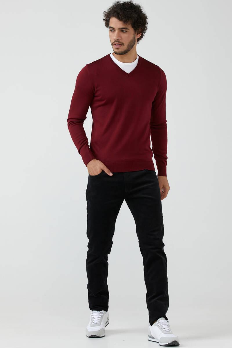 Erkek V Yaka Basic Triko Kazak - Bordo (2) Sementa