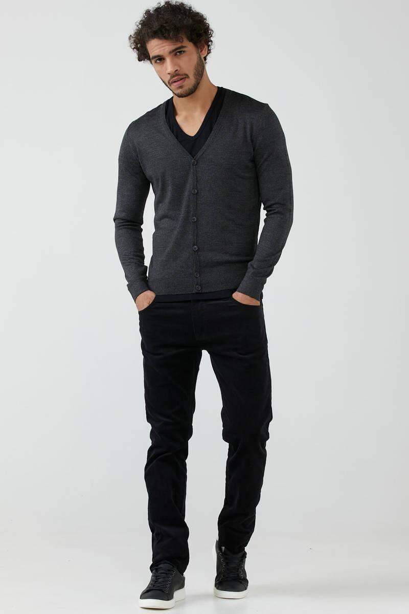 Erkek V Yaka Düğmeli Triko Hırka - Antrasit (2) Sementa