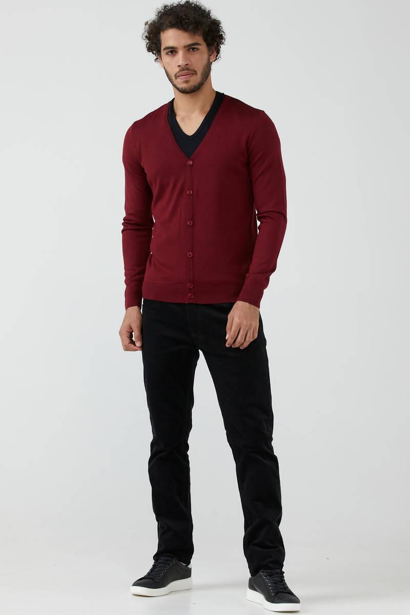 Erkek V Yaka Düğmeli Triko Hırka - Bordo (1) Sementa