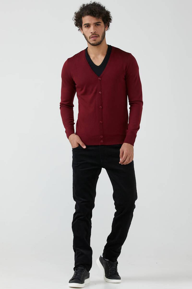 Erkek V Yaka Düğmeli Triko Hırka - Bordo (2) Sementa