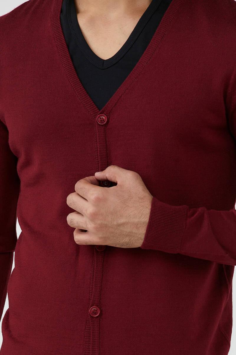 Erkek V Yaka Düğmeli Triko Hırka - Bordo (4) Sementa