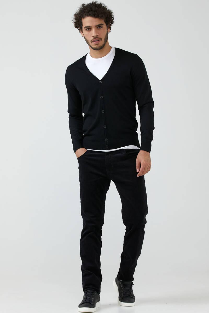 Erkek V Yaka Düğmeli Triko Hırka - Siyah (1) Sementa