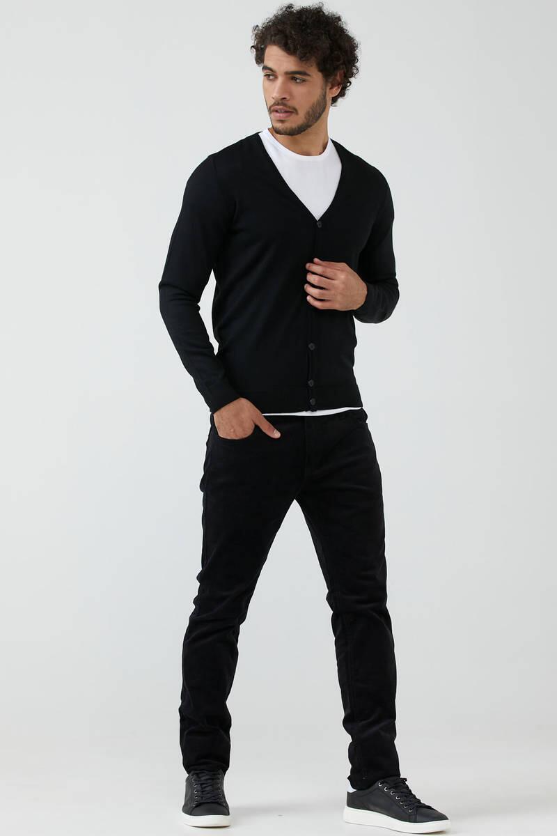 Erkek V Yaka Düğmeli Triko Hırka - Siyah (4) Sementa