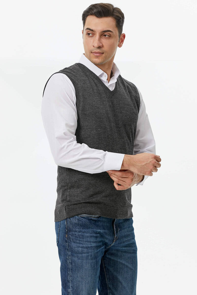 Erkek V Yaka Kolsuz Triko Süveter - Antrasit (2) Sementa