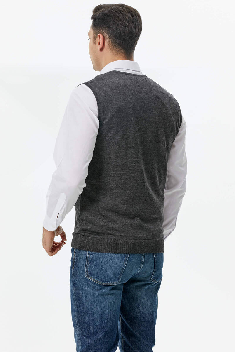 Erkek V Yaka Kolsuz Triko Süveter - Antrasit (3) Sementa