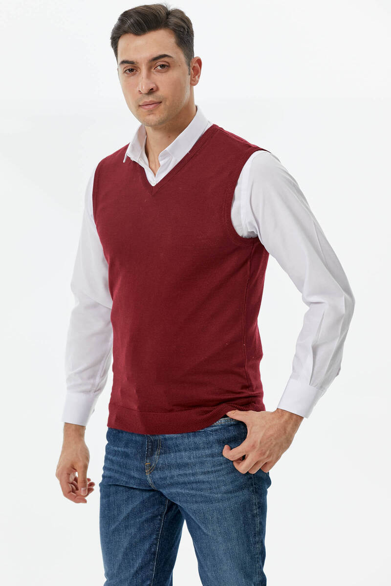 Erkek V Yaka Kolsuz Triko Süveter - Bordo (1) Sementa