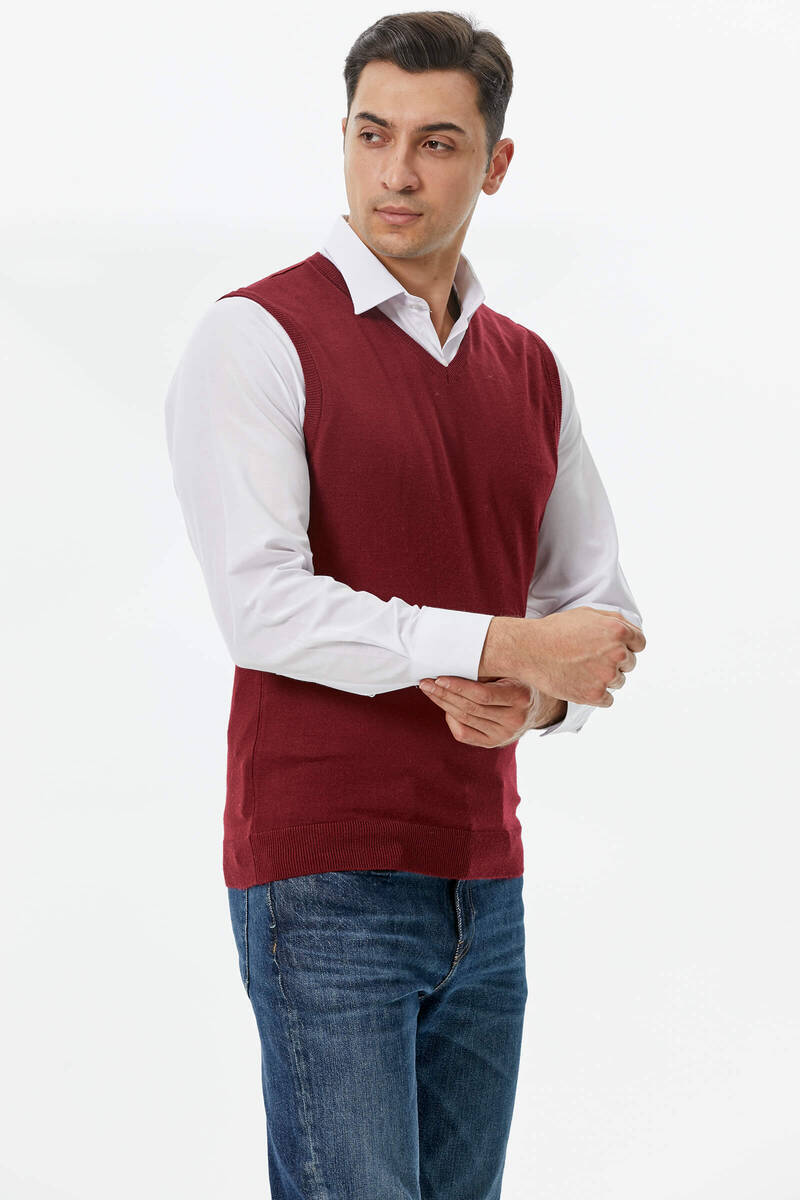 Erkek V Yaka Kolsuz Triko Süveter - Bordo (2) Sementa