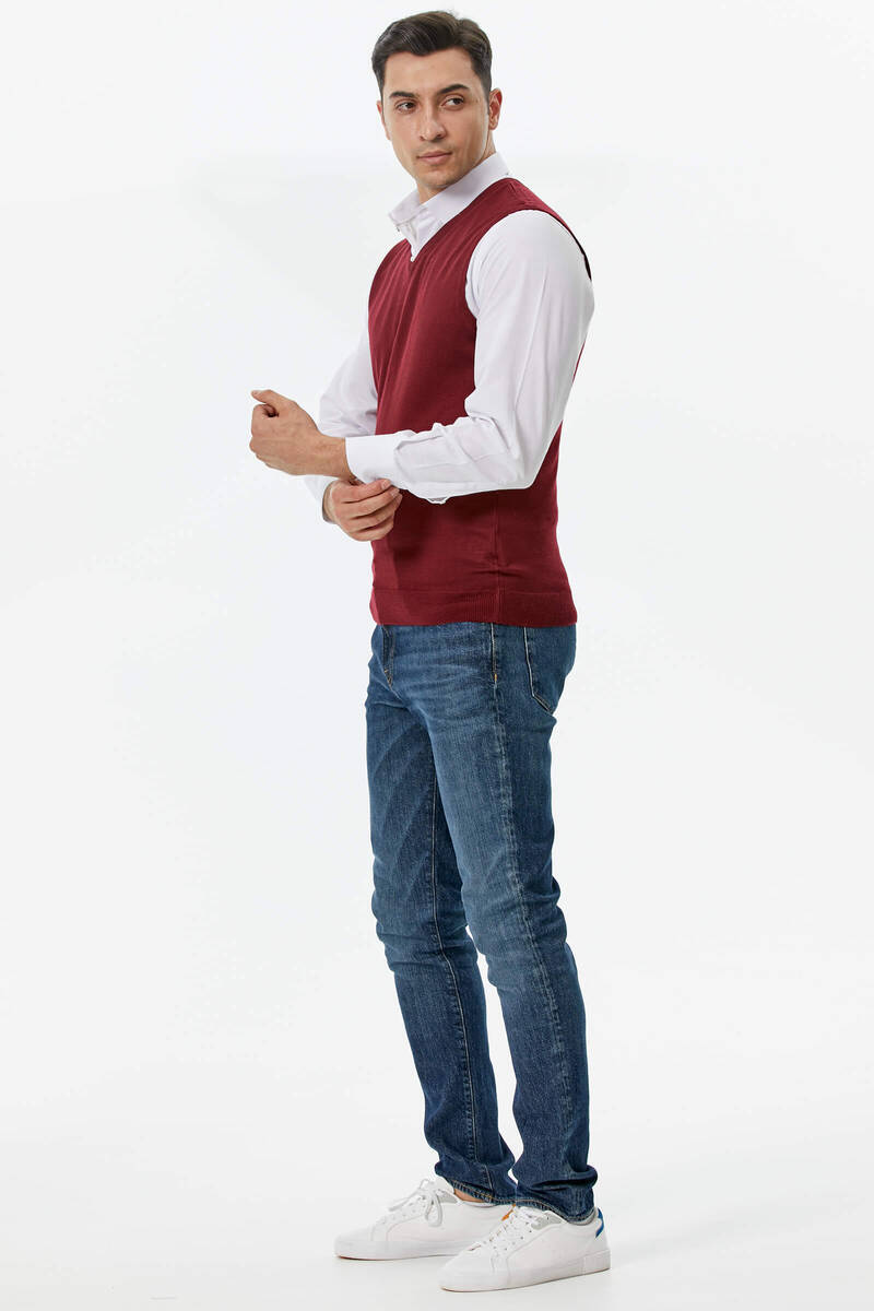 Erkek V Yaka Kolsuz Triko Süveter - Bordo (3) Sementa