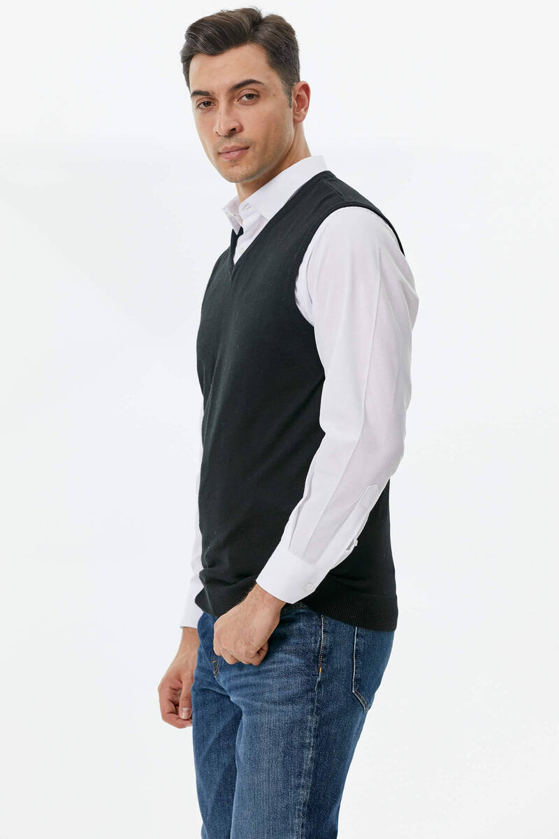 Erkek V Yaka Kolsuz Triko Süveter - Siyah (3) Sementa