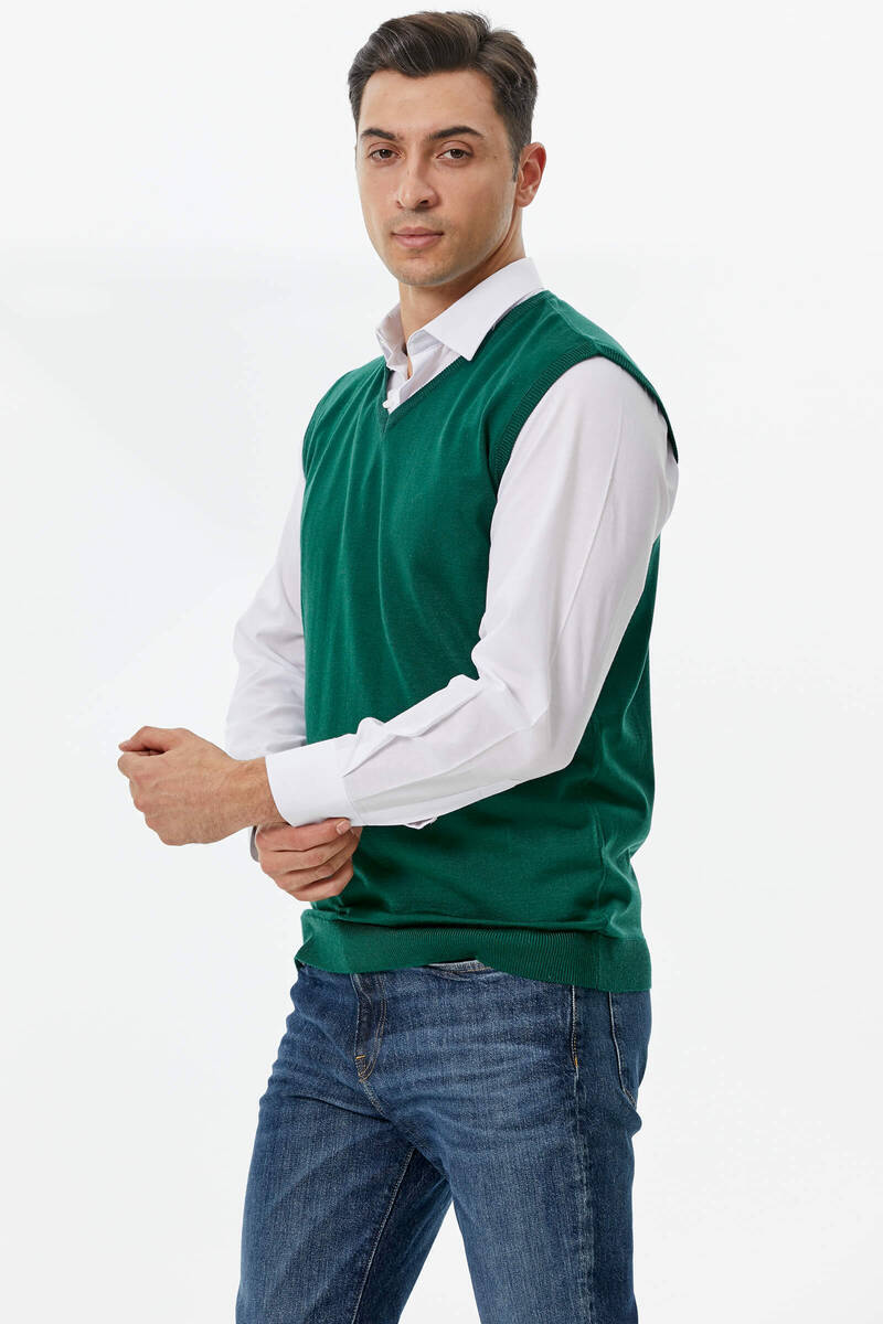 Erkek V Yaka Kolsuz Triko Süveter - Yeşil (2) Sementa