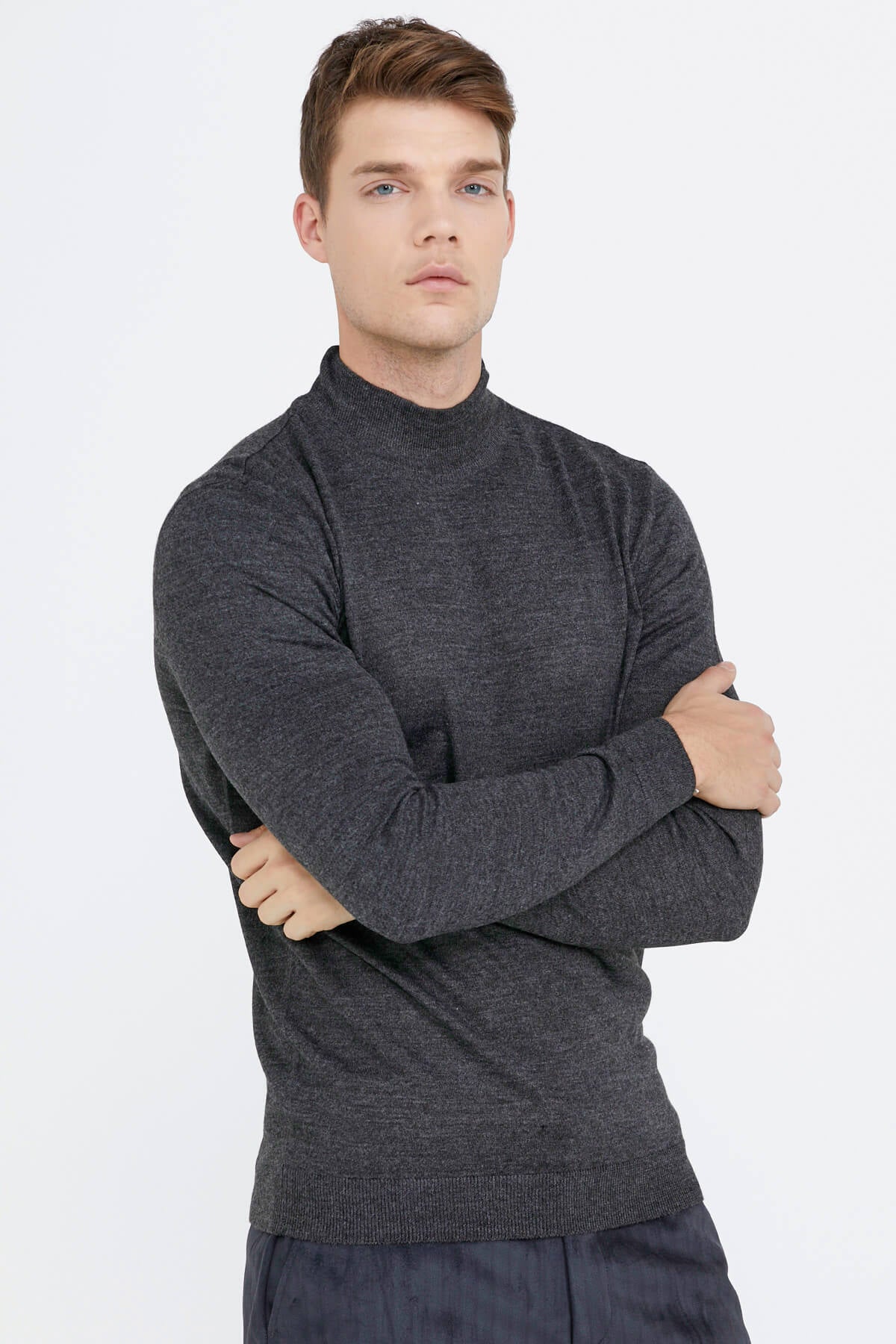 Erkek Yarım Boğazlı Triko Kazak - Antrasit (2) Sementa