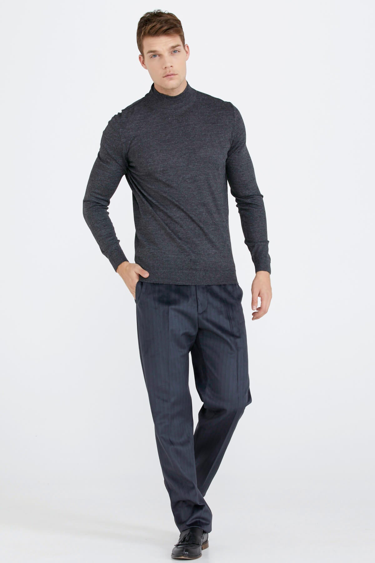 Erkek Yarım Boğazlı Triko Kazak - Antrasit (3) Sementa