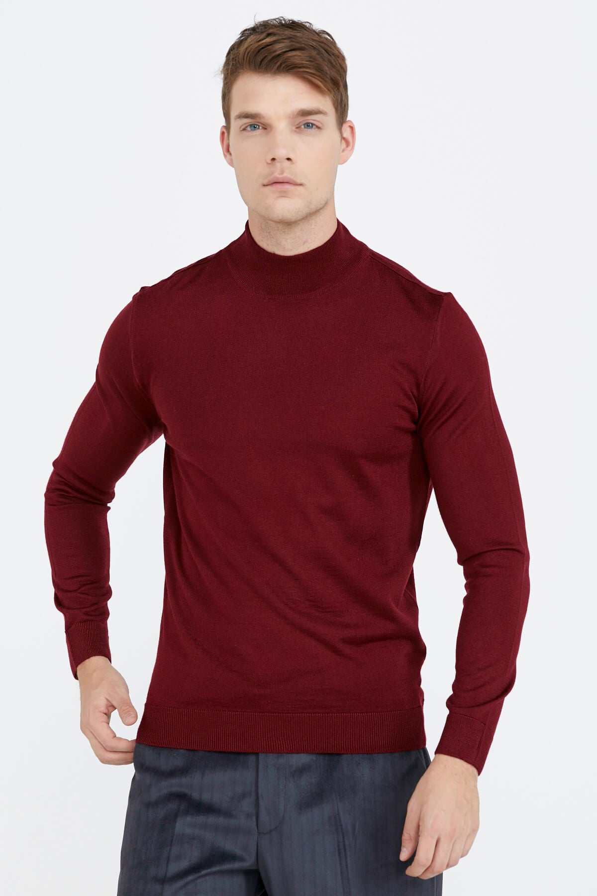 Erkek Yarım Boğazlı Triko Kazak - Bordo (1) Sementa