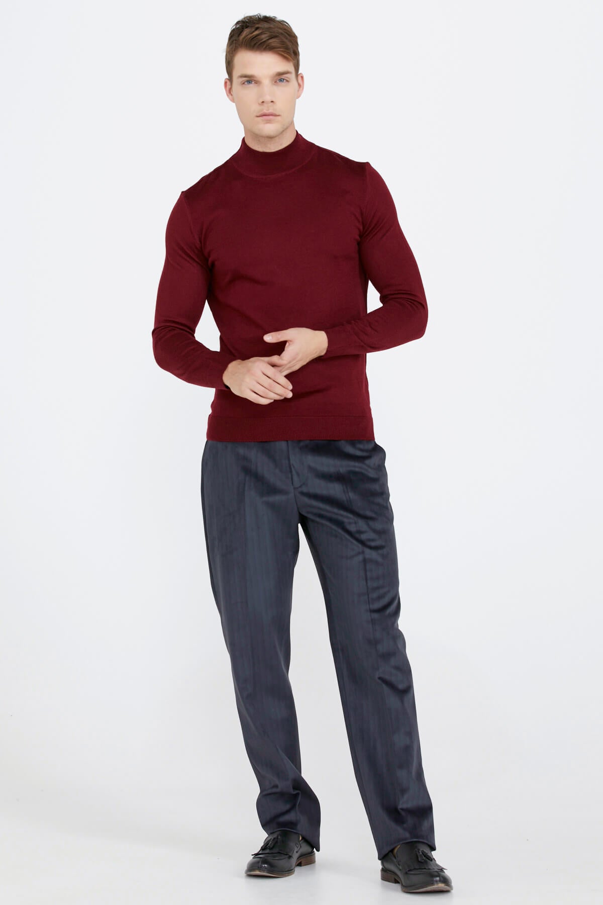 Erkek Yarım Boğazlı Triko Kazak - Bordo (2) Sementa