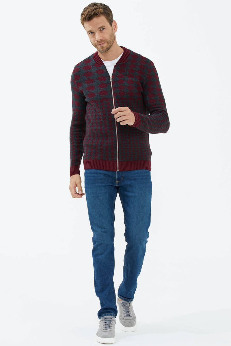 Fermuarlı Blok Desenli Triko Hırka - Bordo (2) Sementa