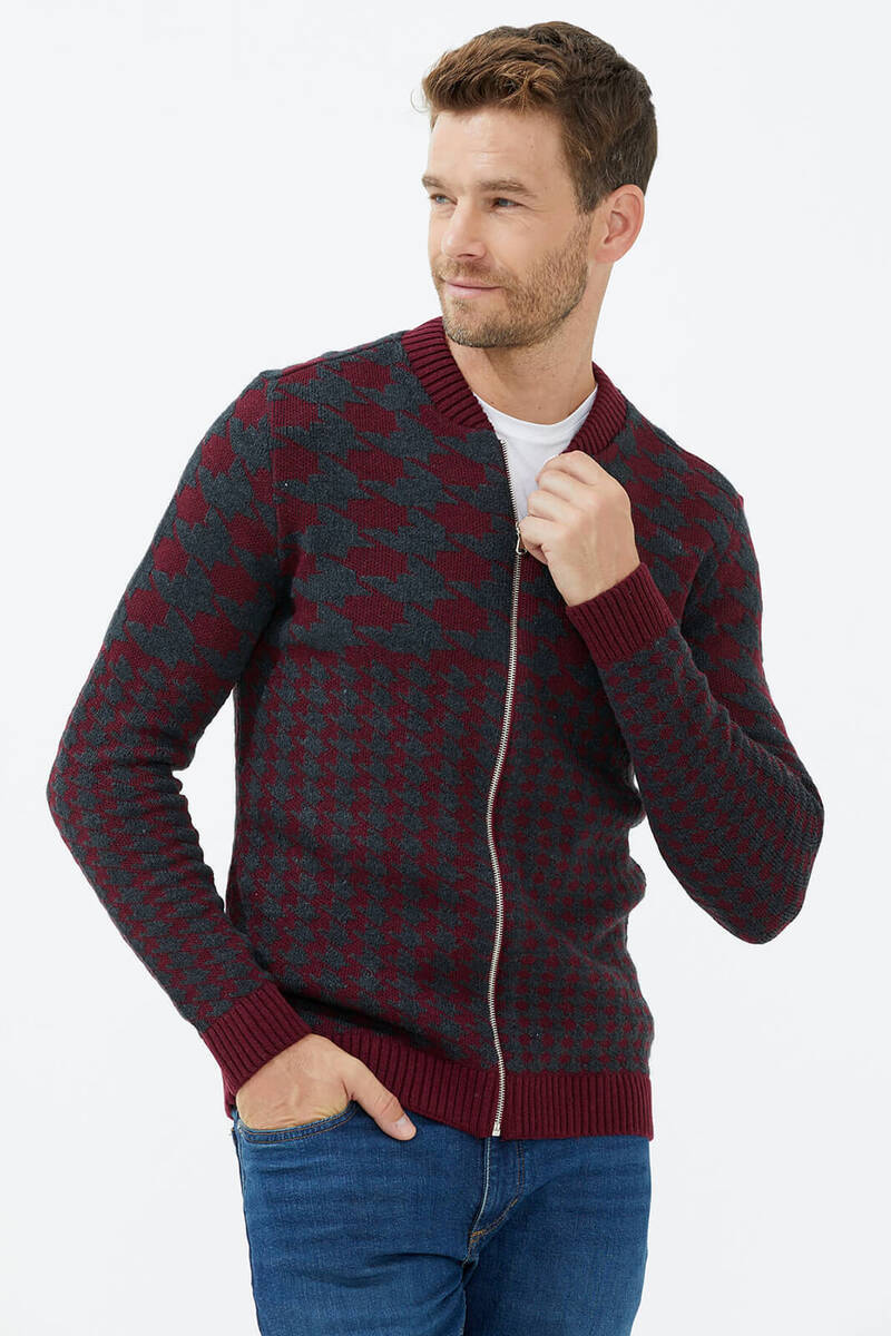 Fermuarlı Blok Desenli Triko Hırka - Bordo (3) Sementa