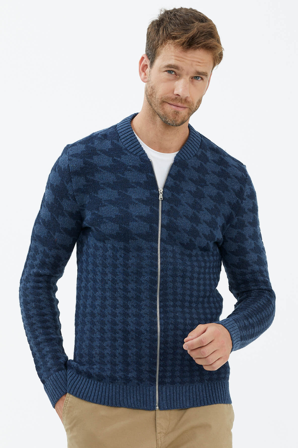 Fermuarlı Blok Desenli Triko Hırka - Indigo (2) Sementa