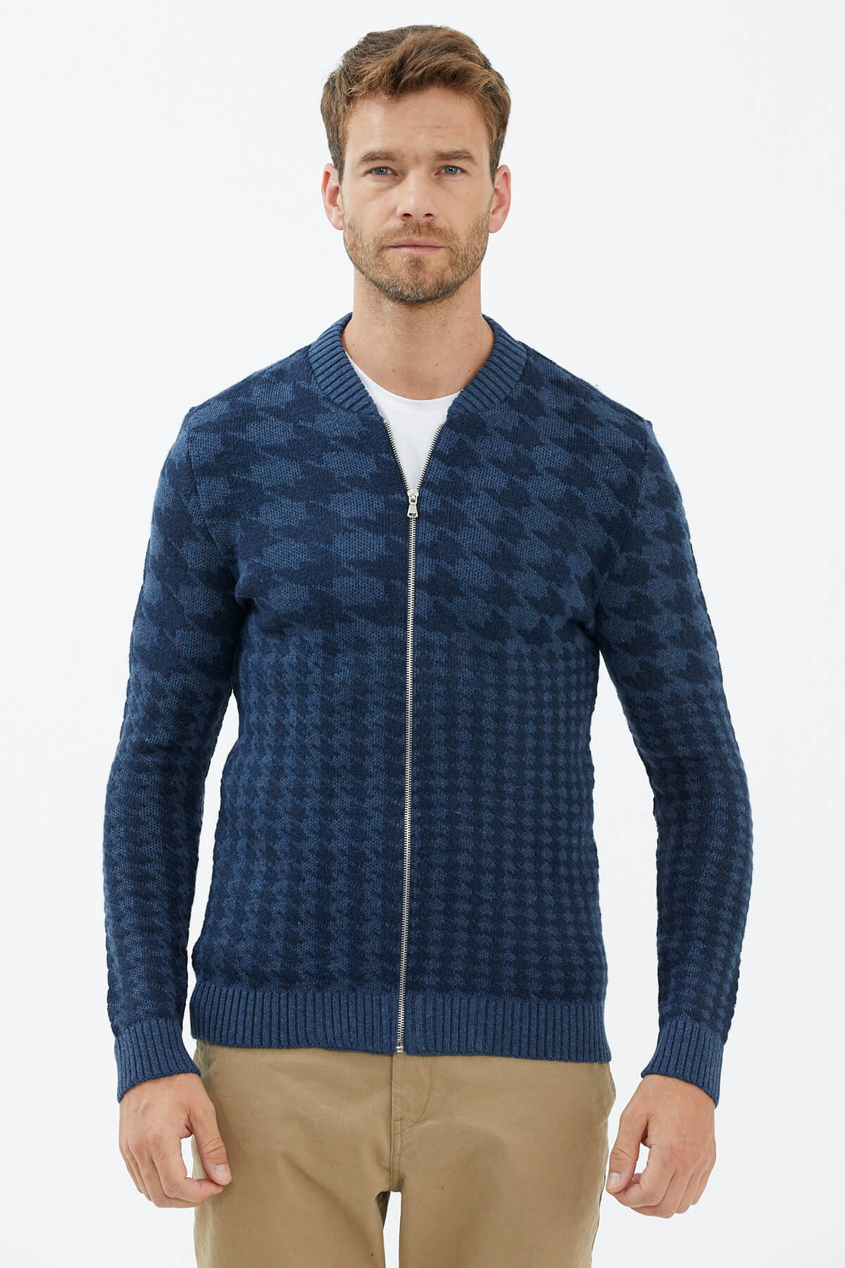 Fermuarlı Blok Desenli Triko Hırka - Indigo (3) Sementa