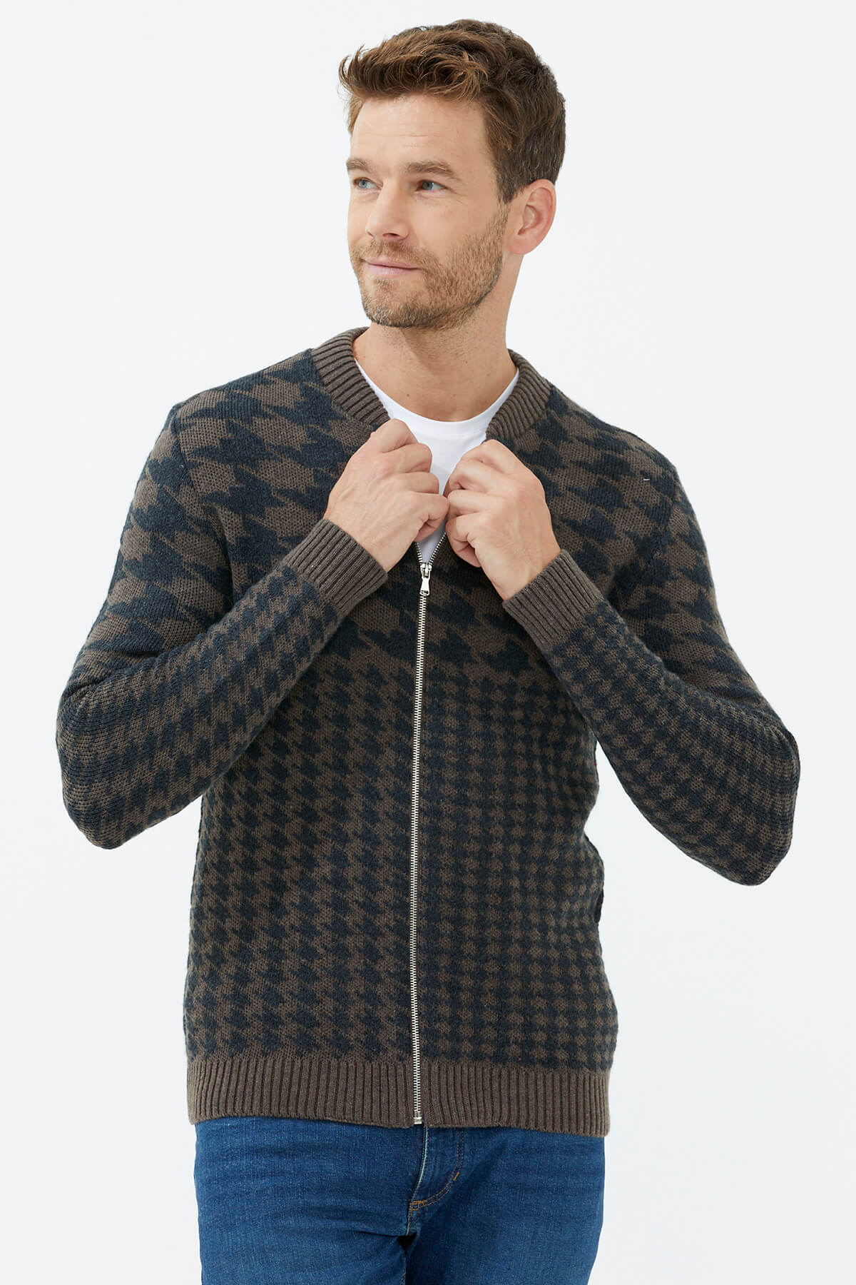 Fermuarlı Blok Desenli Triko Hırka - Vizon (1) Sementa