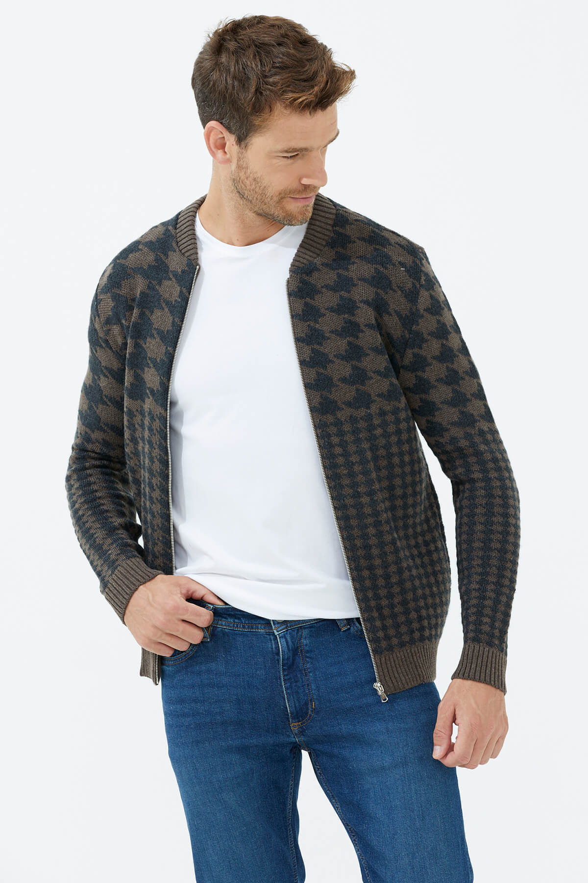 Fermuarlı Blok Desenli Triko Hırka - Vizon (2) Sementa